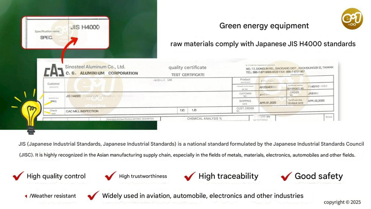 The raw materials ofePlusOne AI Green Energy & Carbon Reduction System Equipment complies with the 【Japan JIS H4000 Standard】
