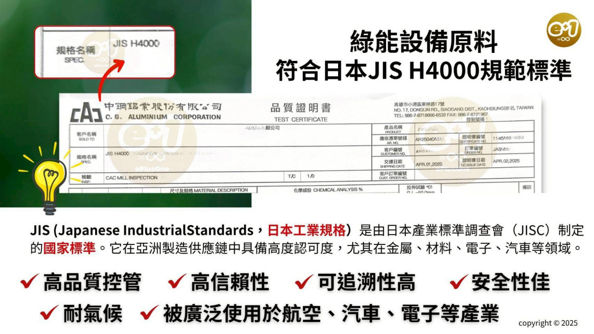 ePlusOne AI綠能減碳系統設備原料符合【日本JIS H4000規範標準】